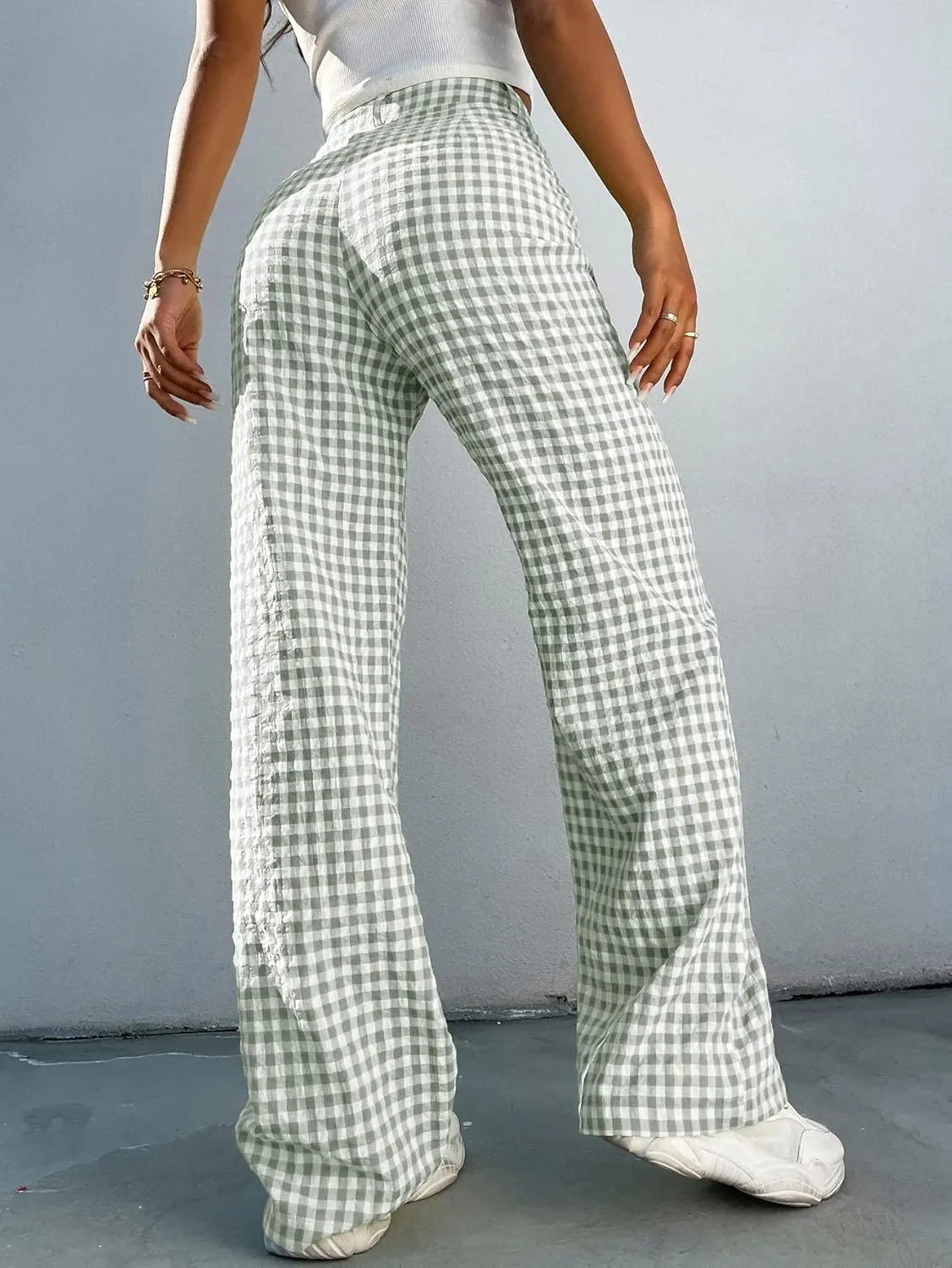 WDIRARA Women's Plaid High Waist Button Wide Leg Pants Gingham Trousers