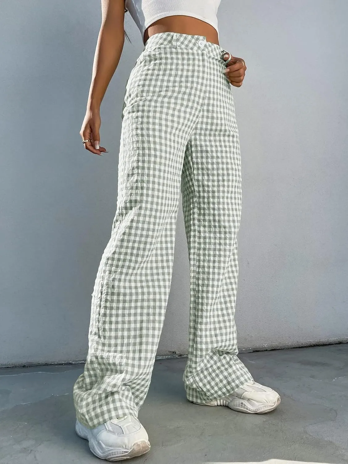 WDIRARA Women's Plaid High Waist Button Wide Leg Pants Gingham Trousers