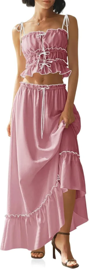 Wenrine Women's Summer 2 Piece Skirt Sets Casual Spaghetti Straps Cropped Cami Ruffle Maxi Skirt Flowy Beach Outfit