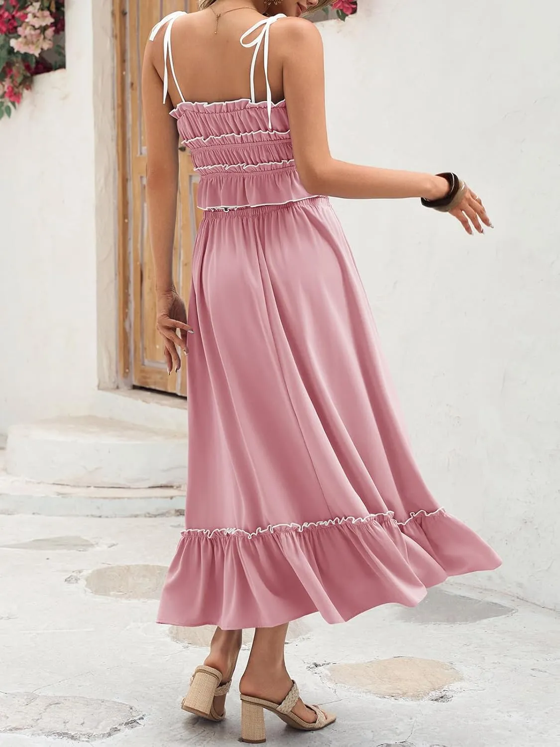 Wenrine Women's Summer 2 Piece Skirt Sets Casual Spaghetti Straps Cropped Cami Ruffle Maxi Skirt Flowy Beach Outfit