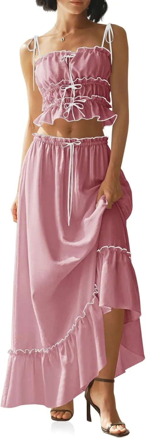 Wenrine Women's Summer 2 Piece Skirt Sets Casual Spaghetti Straps Cropped Cami Ruffle Maxi Skirt Flowy Beach Outfit
