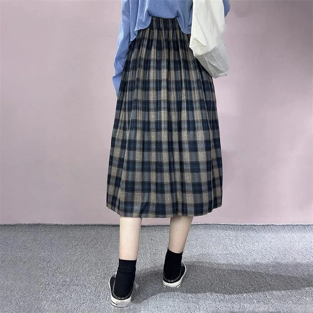 Winter Woolen Plaid Skirt for Women Academic College Elastic Waist Casual Student Midi Skirts