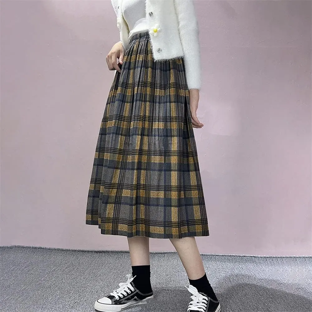 Winter Woolen Plaid Skirt for Women Academic College Elastic Waist Casual Student Midi Skirts
