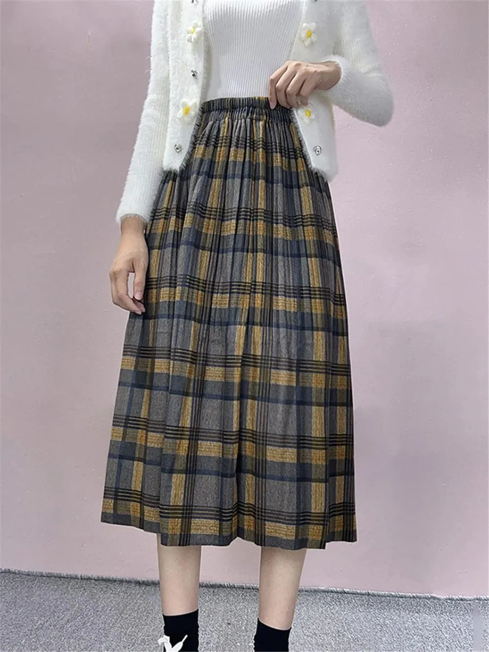 Winter Woolen Plaid Skirt for Women Academic College Elastic Waist Casual Student Midi Skirts