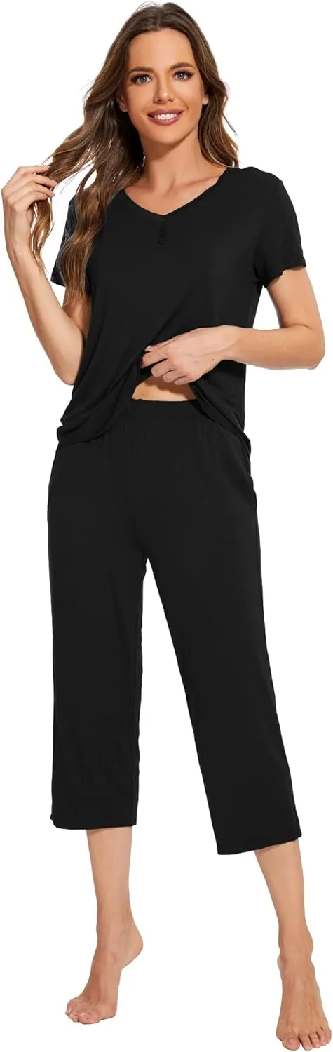 WiWi Viscose from Bamboo Pajamas Set for Women Summer Sleepwear Pjs Comfy Short Sleeve Tops Capri Pants Sets S-XXL