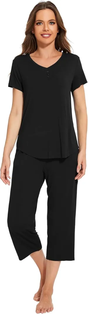 WiWi Viscose from Bamboo Pajamas Set for Women Summer Sleepwear Pjs Comfy Short Sleeve Tops Capri Pants Sets S-XXL