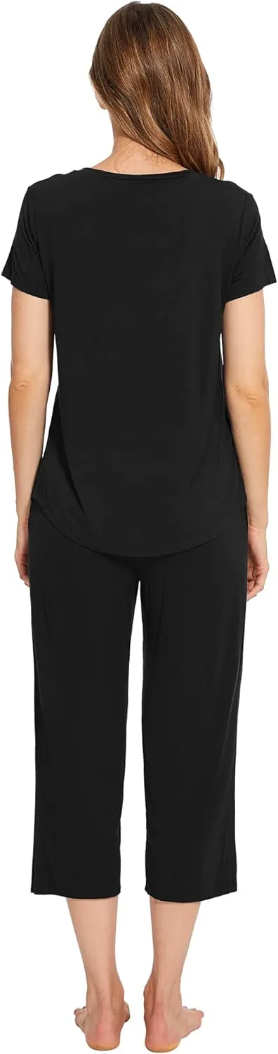 WiWi Viscose from Bamboo Pajamas Set for Women Summer Sleepwear Pjs Comfy Short Sleeve Tops Capri Pants Sets S-XXL