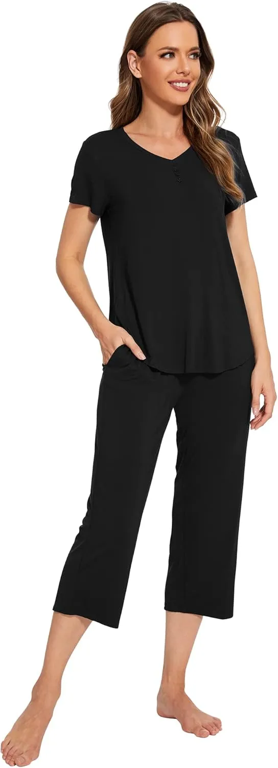 WiWi Viscose from Bamboo Pajamas Set for Women Summer Sleepwear Pjs Comfy Short Sleeve Tops Capri Pants Sets S-XXL