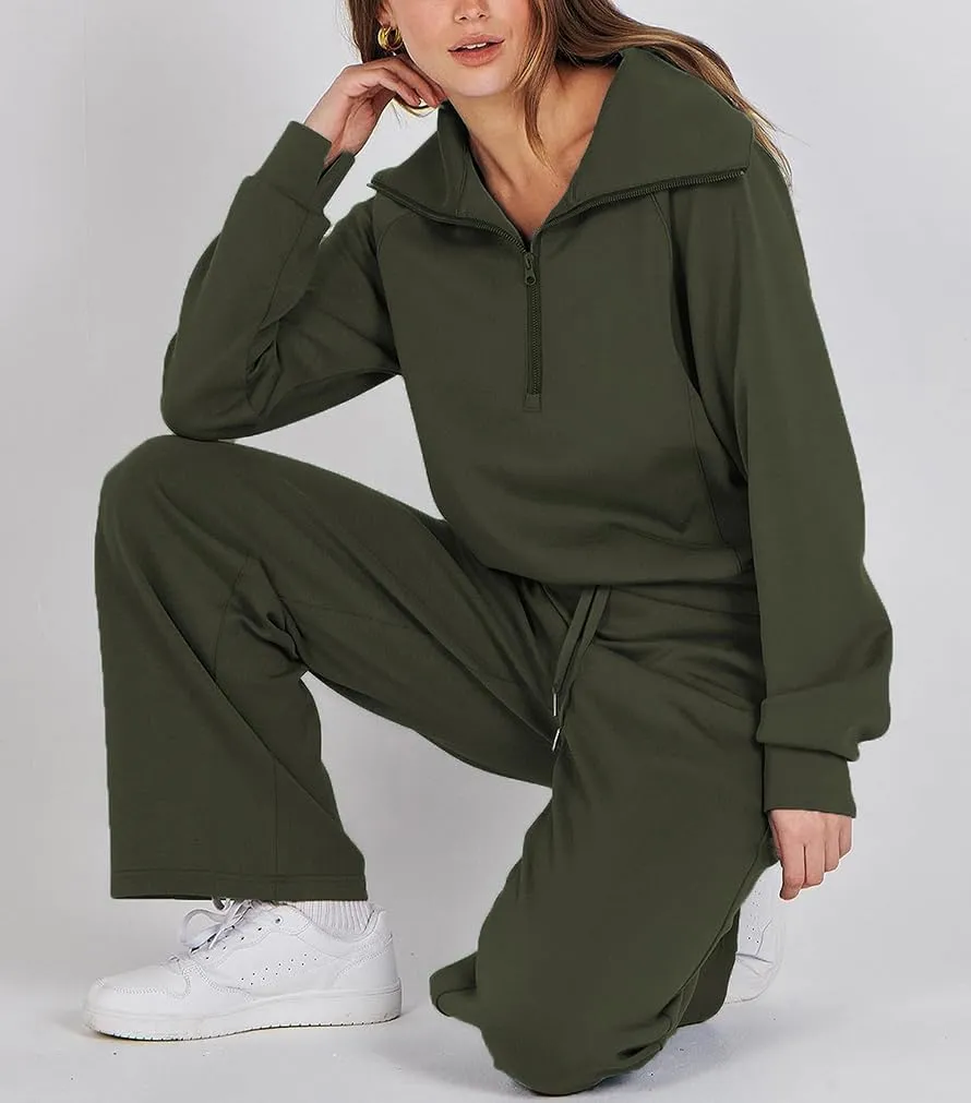Women 2 Piece Outfits Sweatsuit Set Oversized Half Zip Sweatshirt Wide Leg Sweatpant Lounge Matching Set Tracksuit