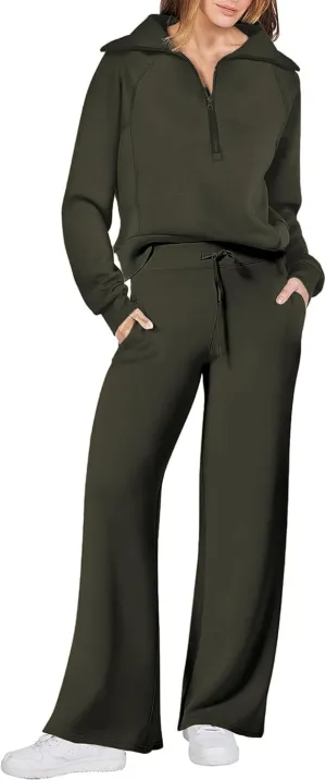 Women 2 Piece Outfits Sweatsuit Set Oversized Half Zip Sweatshirt Wide Leg Sweatpant Lounge Matching Set Tracksuit