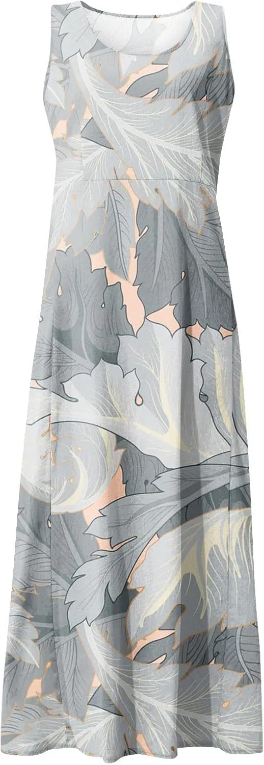 Women Casual Cotton Linen Sleeveless Maxi Dress Ruffle Tank Dresses Flowy Beach Summer Long Sundress with Pockets