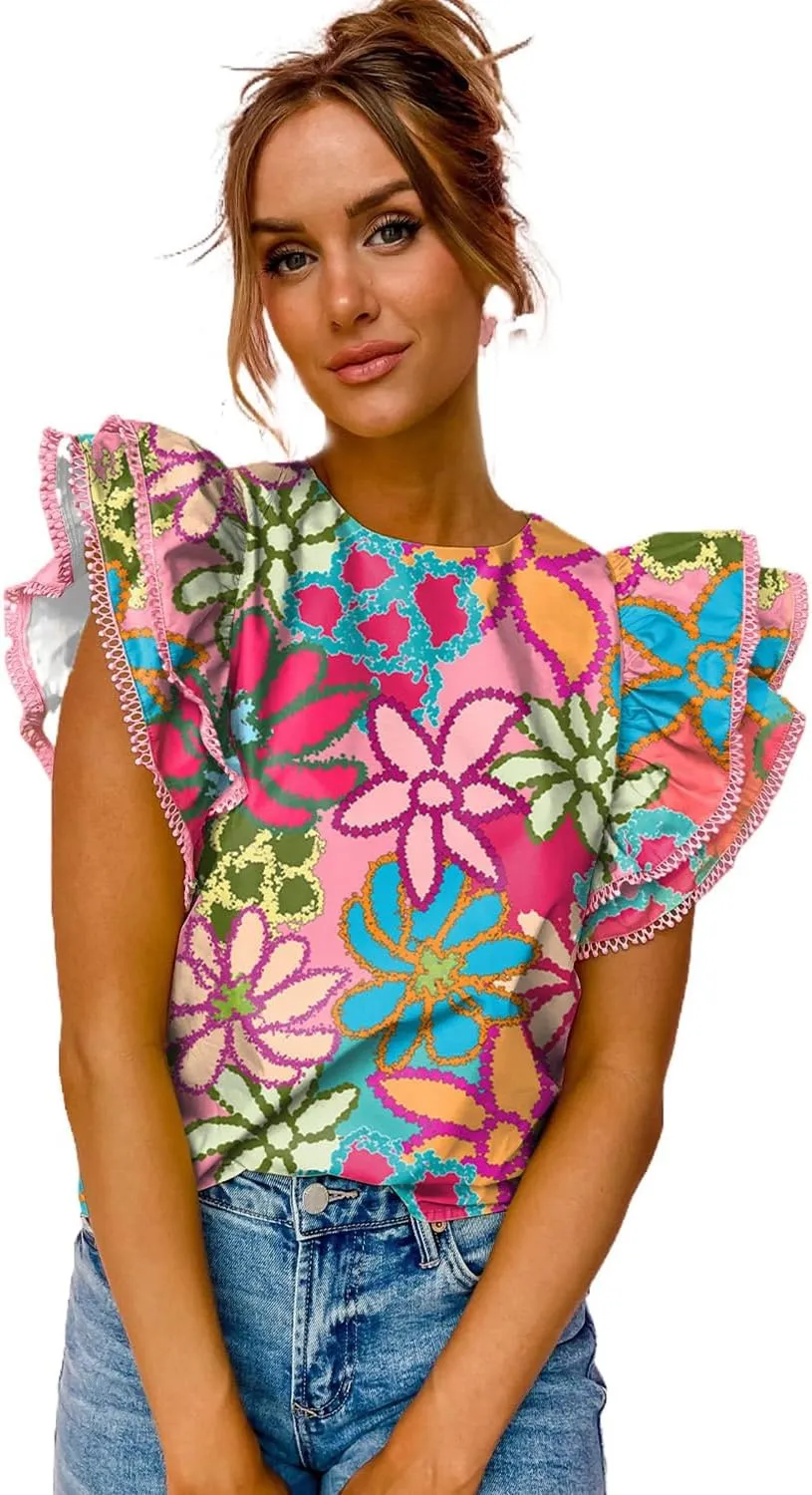 Women Casual Crew Neck Cap Sleeve Fashion Tops Shirt Sexy Ruffled Floral Print Tank Chiffon Blouse Color Block Tunic