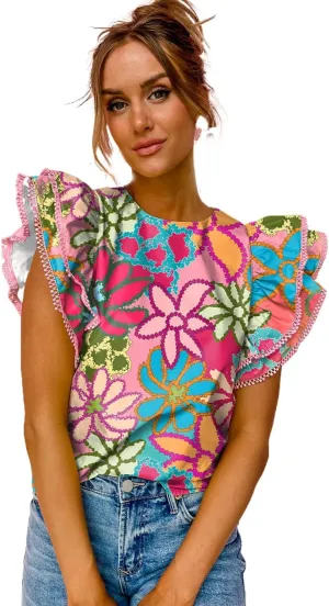 Women Casual Crew Neck Cap Sleeve Fashion Tops Shirt Sexy Ruffled Floral Print Tank Chiffon Blouse Color Block Tunic