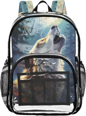 Women Clear Backpack Cute Kids Backpack for Girls Large Plastic Approved Bag Wolf Howling Moon Forest