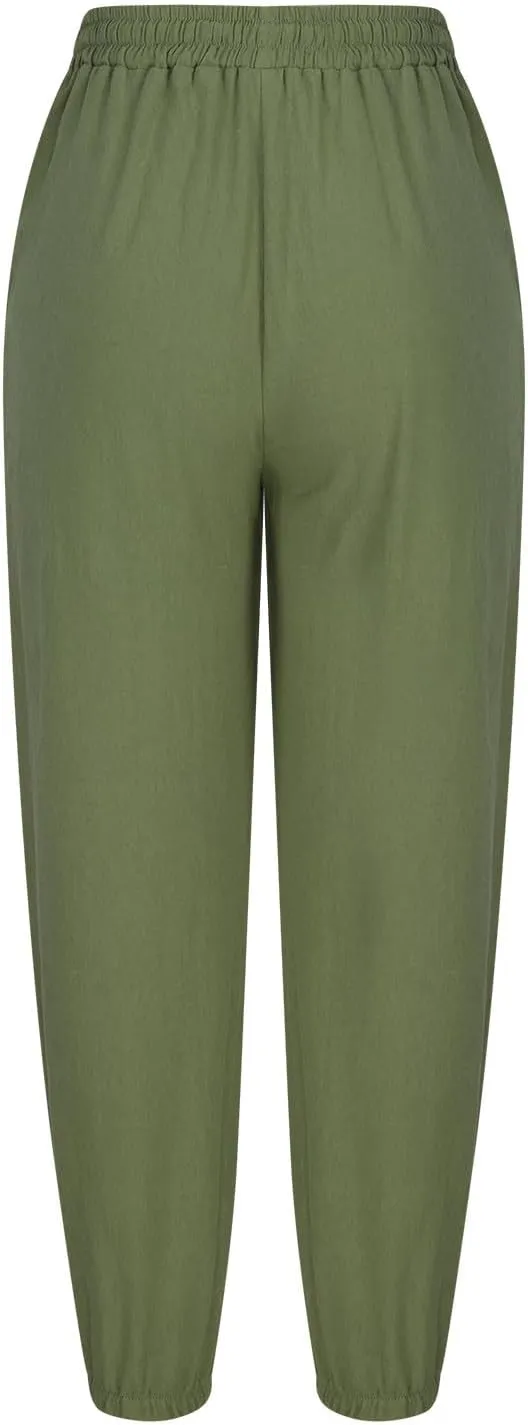 Women Cotton Linen Trousers Casual Pants Solid Color Summer Pants Drawstring Yoga Pants Elasticated Waist Bottoms