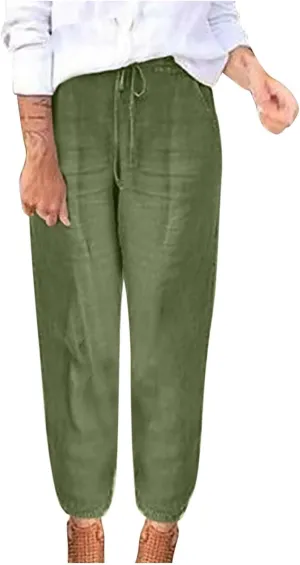 Women Cotton Linen Trousers Casual Pants Solid Color Summer Pants Drawstring Yoga Pants Elasticated Waist Bottoms