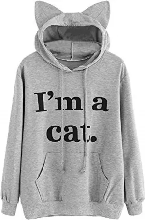 Women Girl Hoodies Cute Cat Ear Novelty Printed Pullover Sweatshirt