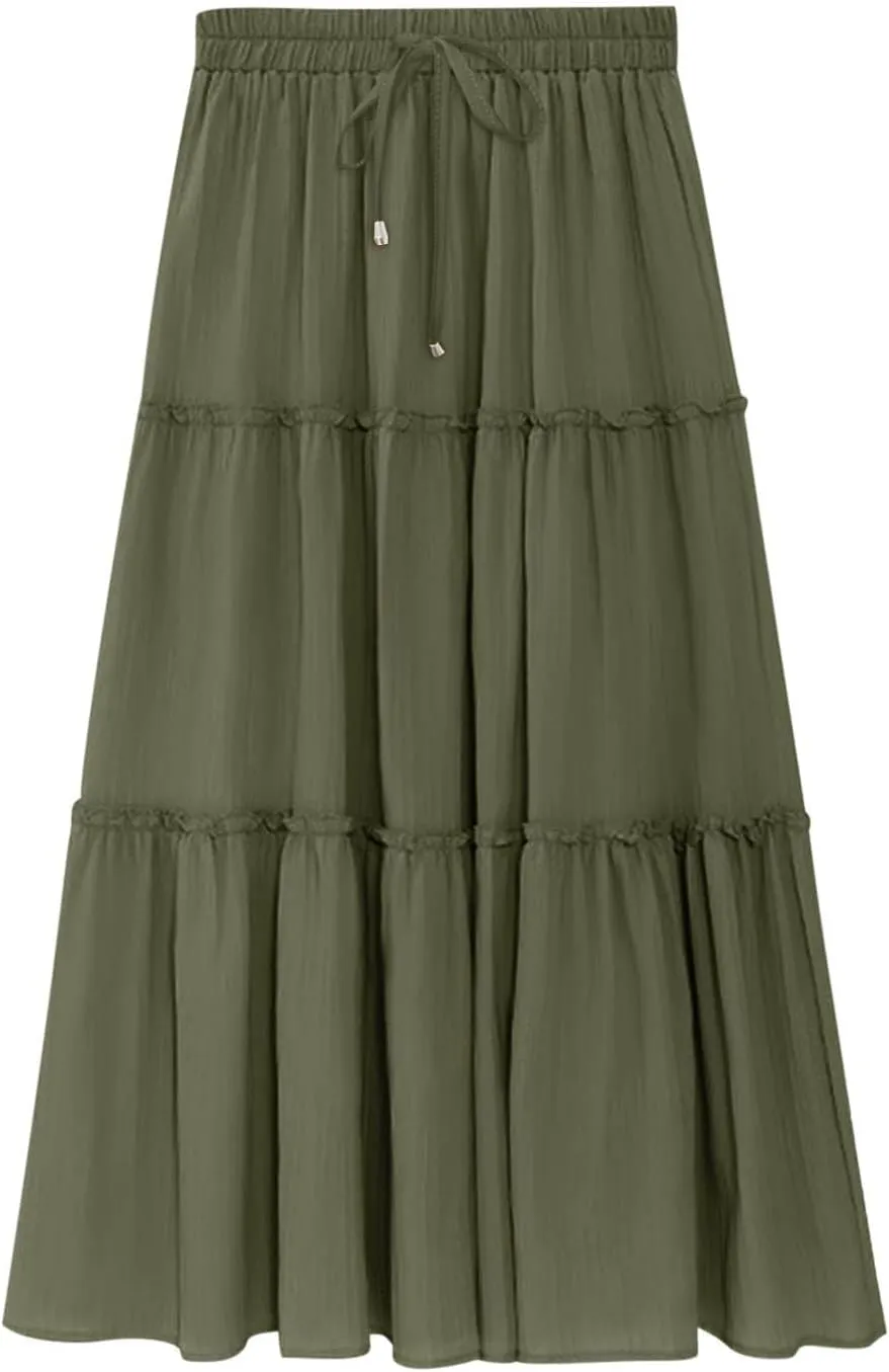 Women High Waisted Maxi Skirt A-Line Pleated Midi Length Flowy Casual Long Skirts Business Work Skirts with Pockets