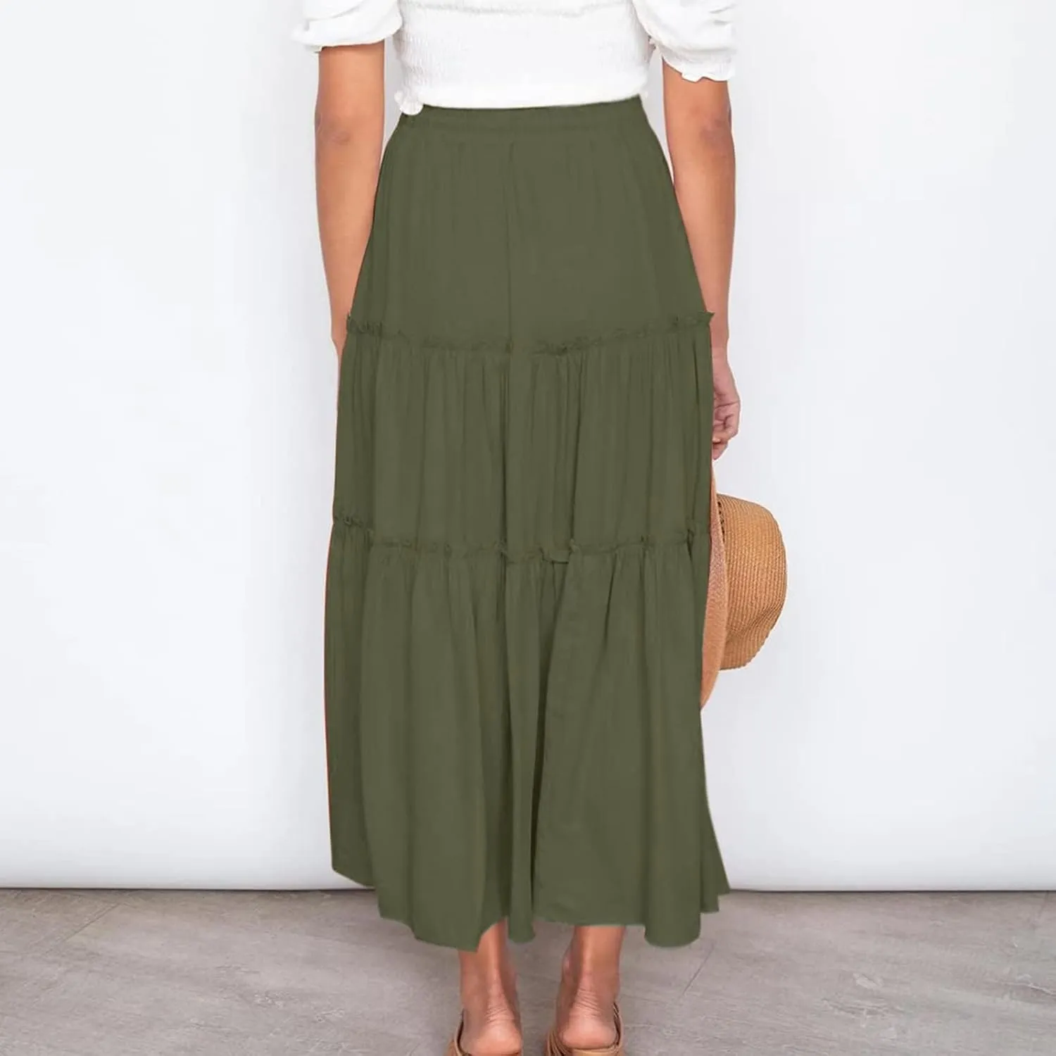 Women High Waisted Maxi Skirt A-Line Pleated Midi Length Flowy Casual Long Skirts Business Work Skirts with Pockets