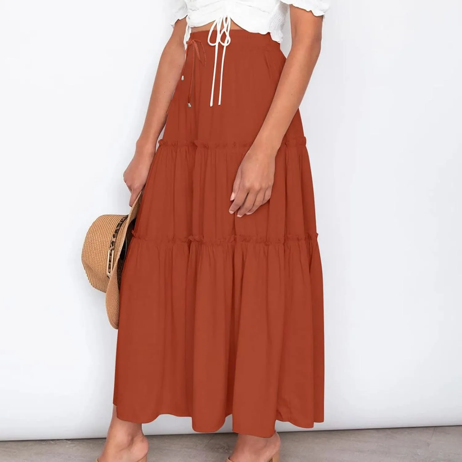 Women High Waisted Maxi Skirt A-Line Pleated Midi Length Flowy Casual Long Skirts Business Work Skirts with Pockets