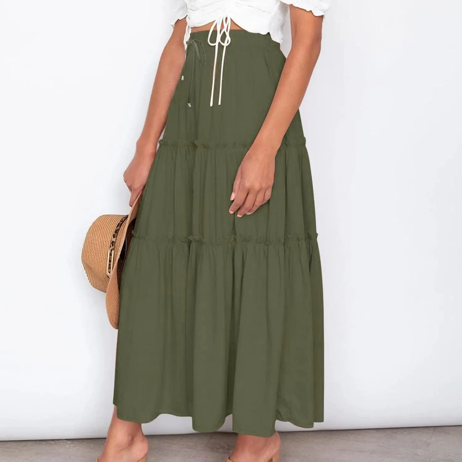 Women High Waisted Maxi Skirt A-Line Pleated Midi Length Flowy Casual Long Skirts Business Work Skirts with Pockets