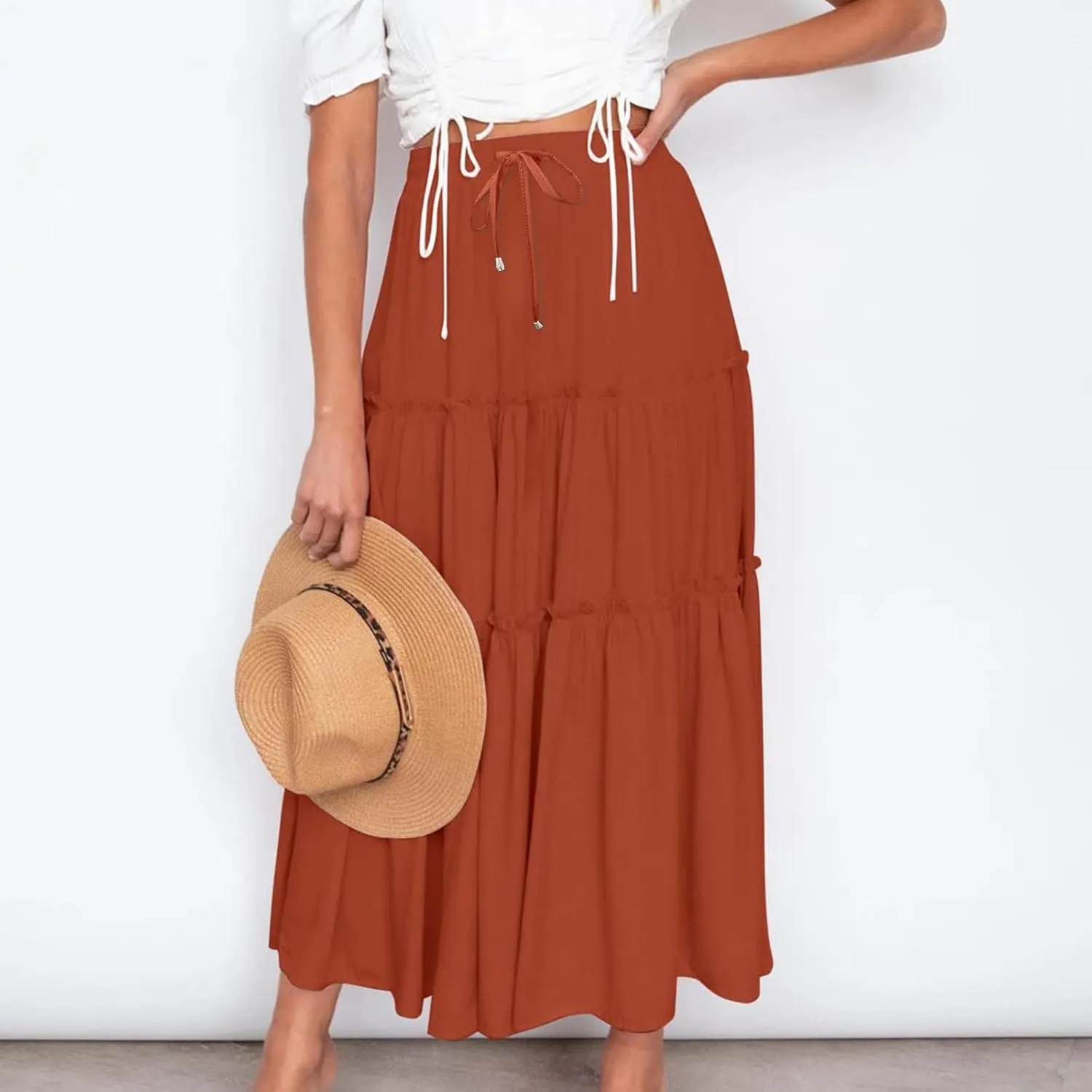 Women High Waisted Maxi Skirt A-Line Pleated Midi Length Flowy Casual Long Skirts Business Work Skirts with Pockets