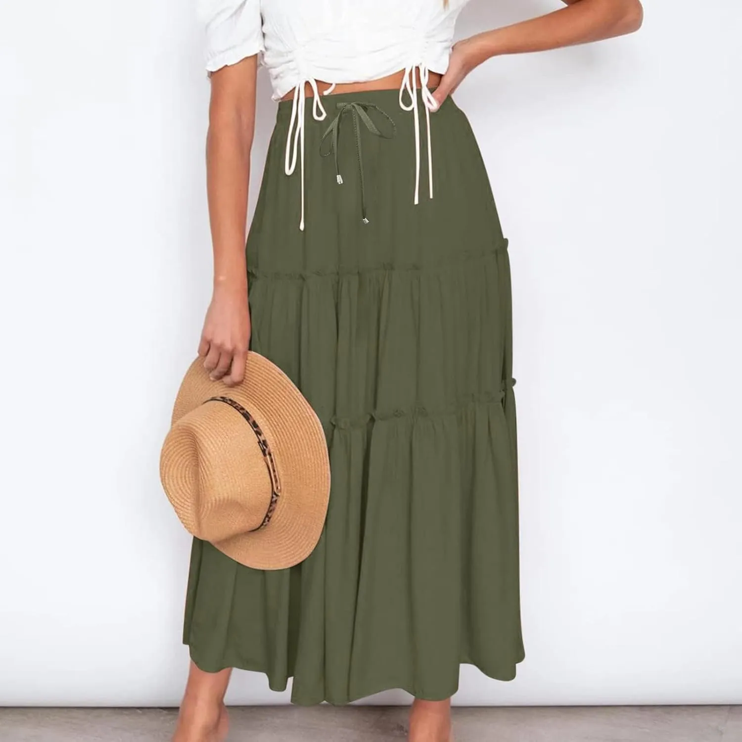 Women High Waisted Maxi Skirt A-Line Pleated Midi Length Flowy Casual Long Skirts Business Work Skirts with Pockets