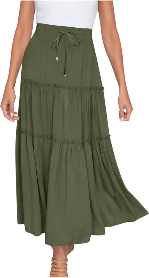 Women High Waisted Maxi Skirt A-Line Pleated Midi Length Flowy Casual Long Skirts Business Work Skirts with Pockets