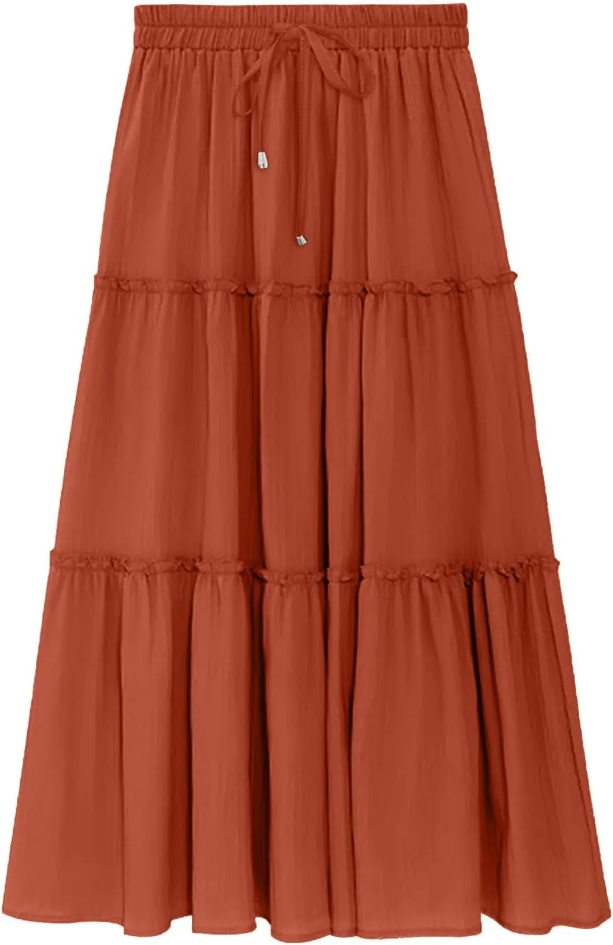 Women High Waisted Maxi Skirt A-Line Pleated Midi Length Flowy Casual Long Skirts Business Work Skirts with Pockets
