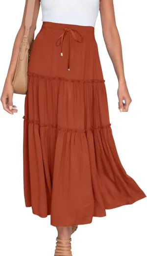 Women High Waisted Maxi Skirt A-Line Pleated Midi Length Flowy Casual Long Skirts Business Work Skirts with Pockets