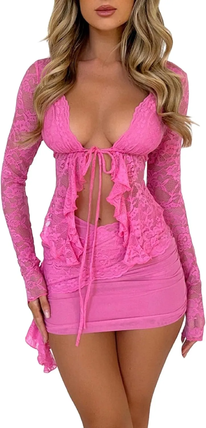 Women Lace Trim 2 Piece Outfits Sexy Floral Lace Bodycon Mini Dress Short Skirt Set Y2k Ruffle Two Piece Skirts Sets
