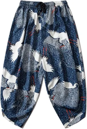 Women Men Kimono Pants Vintage Japanese Style Crane Print Casual Loose Harem Trousers