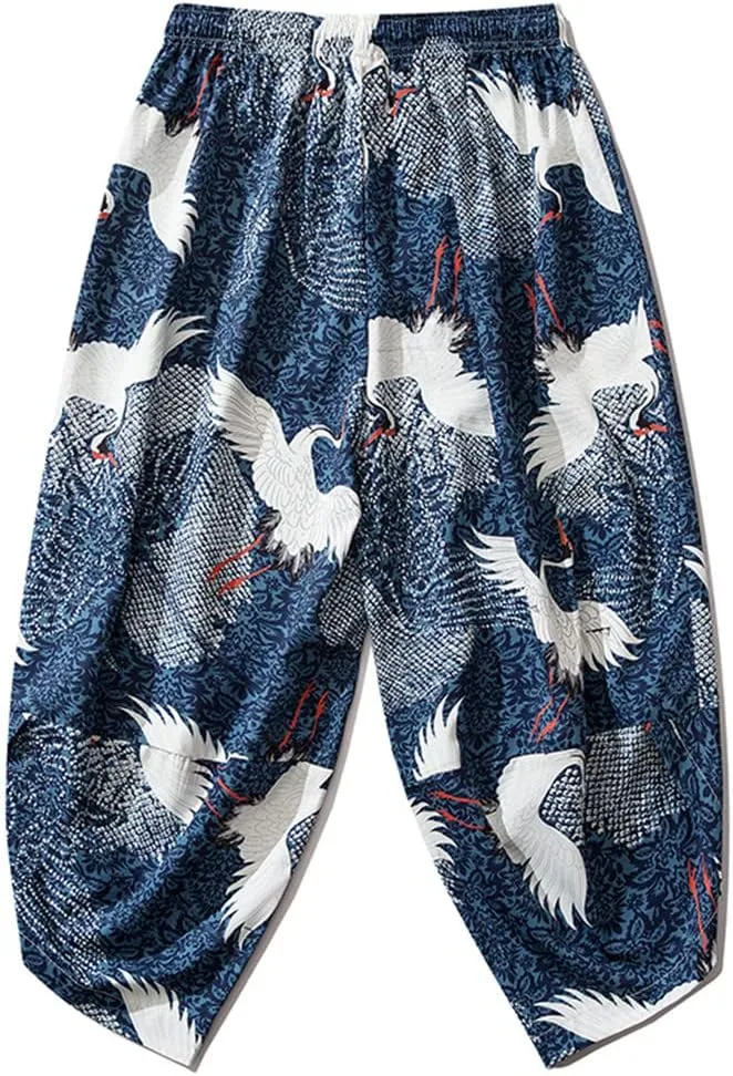 Women Men Kimono Pants Vintage Japanese Style Crane Print Casual Loose Harem Trousers
