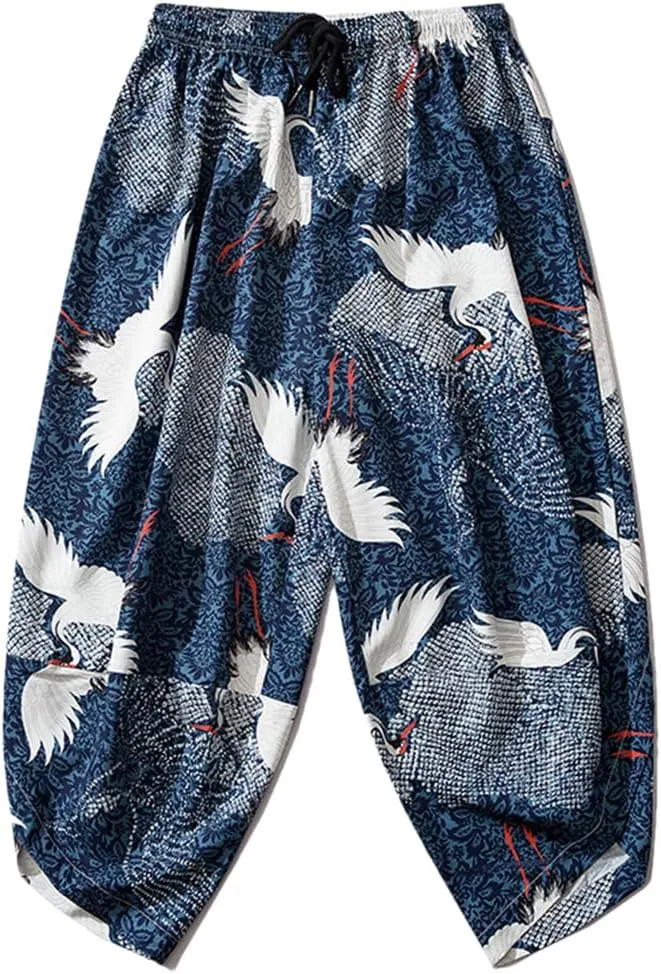 Women Men Kimono Pants Vintage Japanese Style Crane Print Casual Loose Harem Trousers