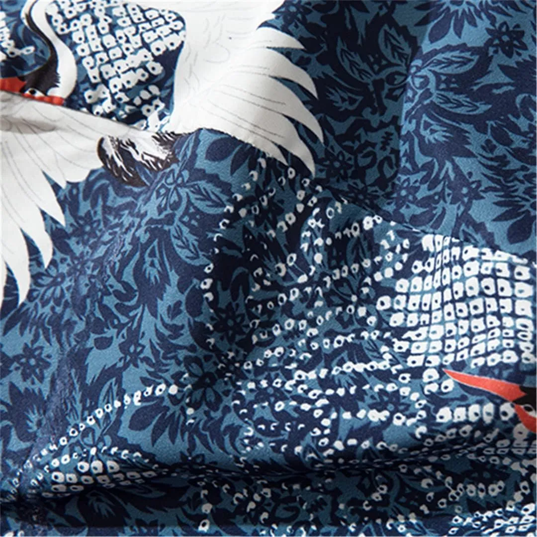 Women Men Kimono Pants Vintage Japanese Style Crane Print Casual Loose Harem Trousers