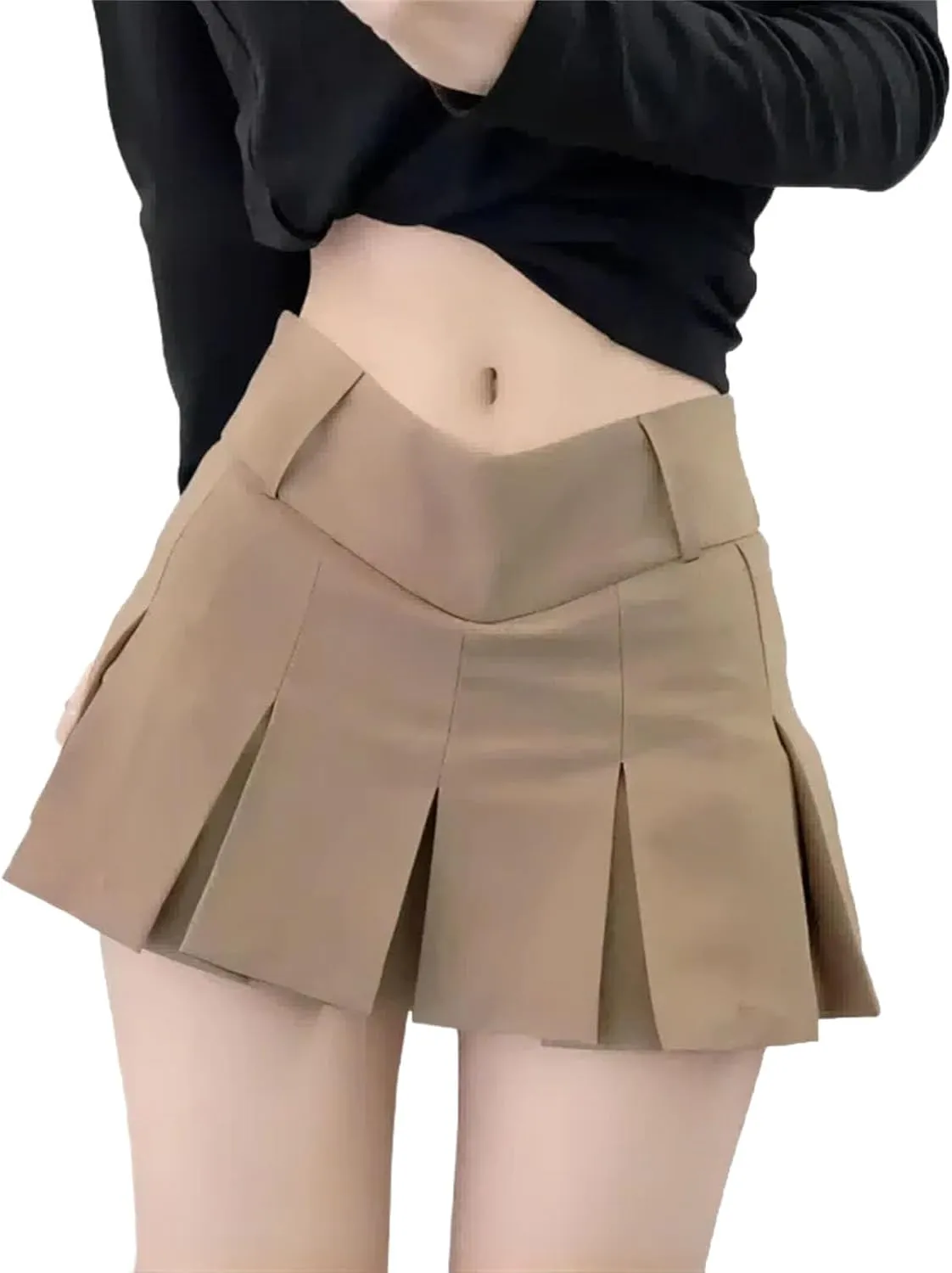 Women Pleated Mini Skirt Women's V-Shaped Low Waist Sexy Retro Solid Color A-line Mini Skirt