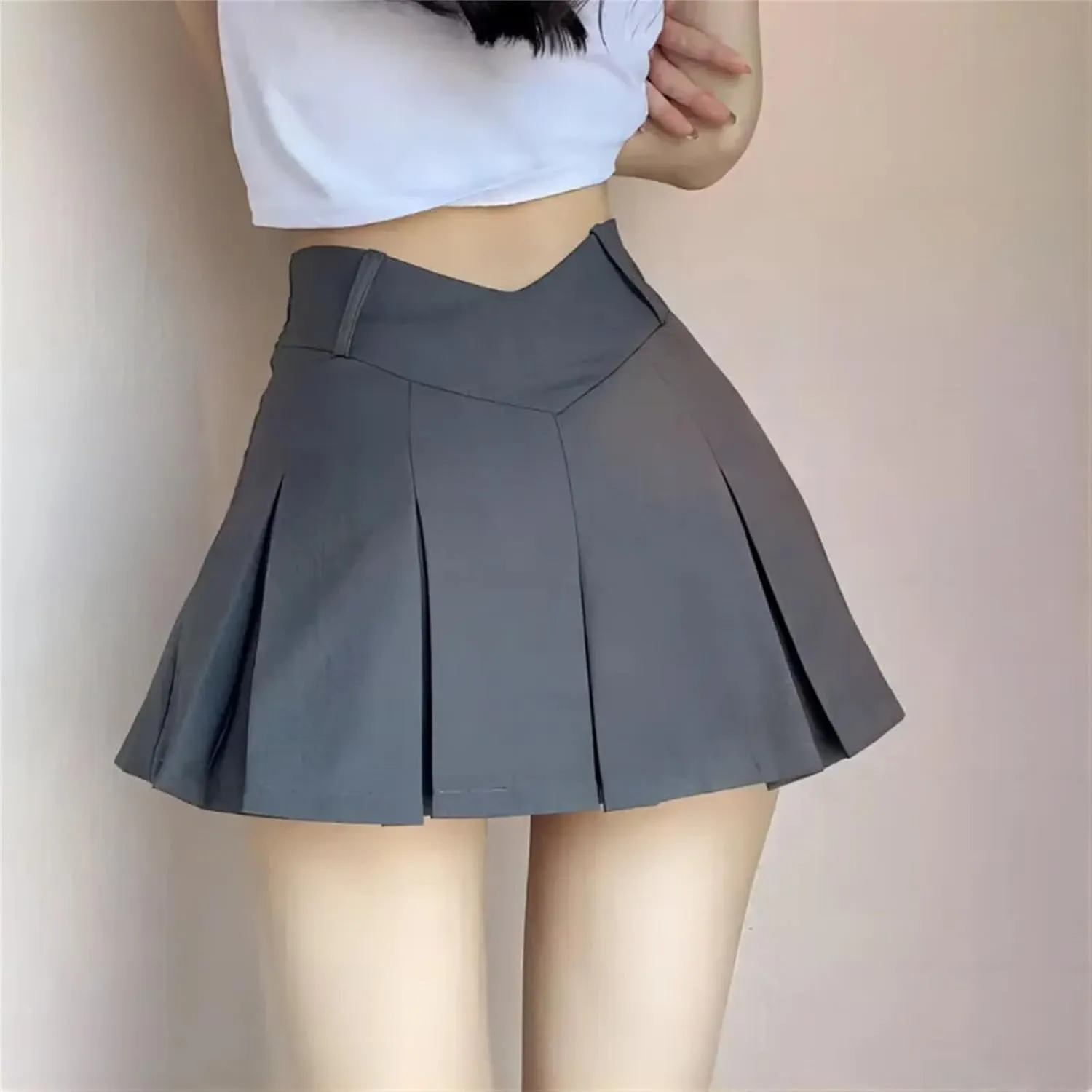 Women Pleated Mini Skirt Women's V-Shaped Low Waist Sexy Retro Solid Color A-line Mini Skirt