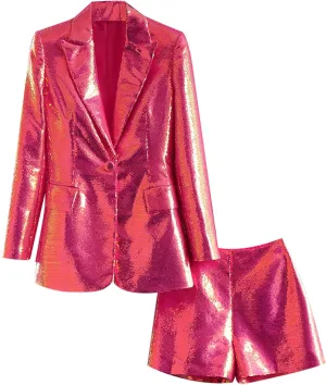 Women Sequin Blazer and Short Set 2 PC Slim Fit Notch Lapel Prom Party Glitter Suit