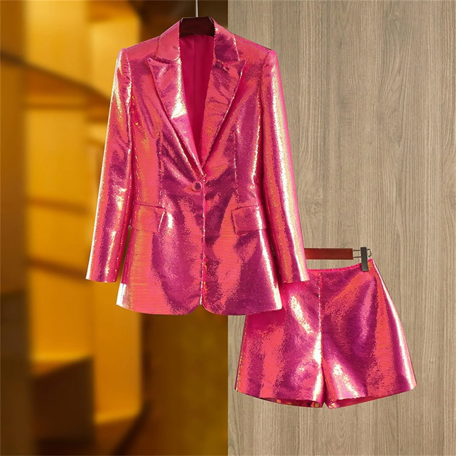 Women Sequin Blazer and Short Set 2 PC Slim Fit Notch Lapel Prom Party Glitter Suit