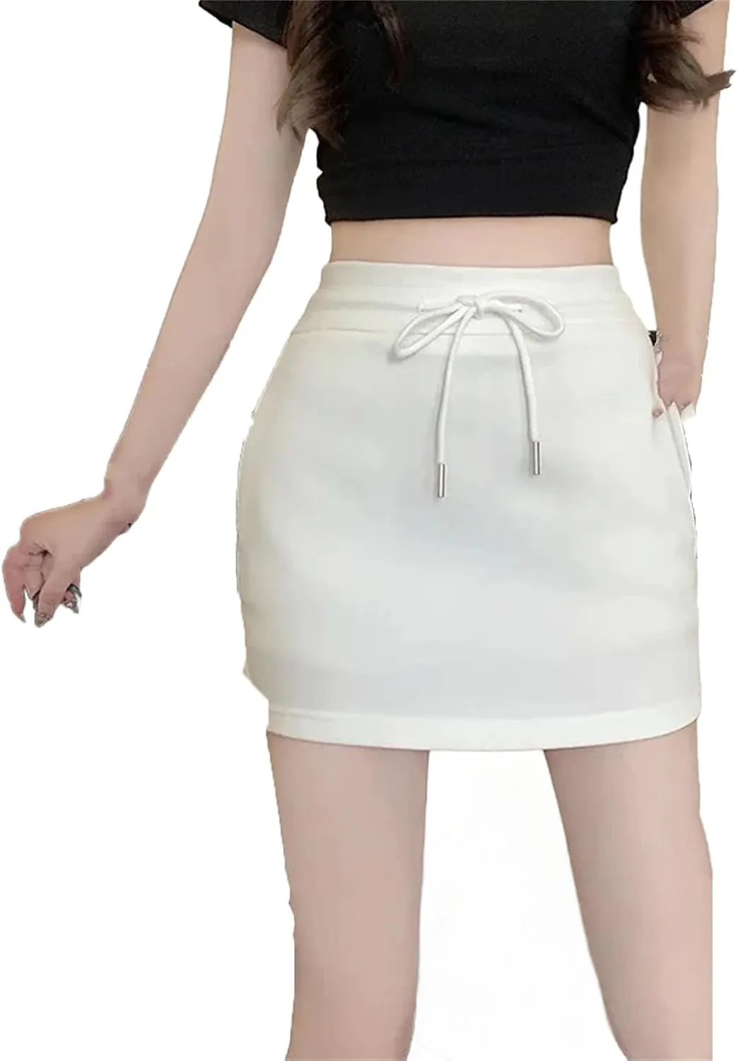 Women Solid High-Waisted Slimming Petite Half-Length Skirt Women A- Line Drawstring Low Waist Pleated Short Skirt
