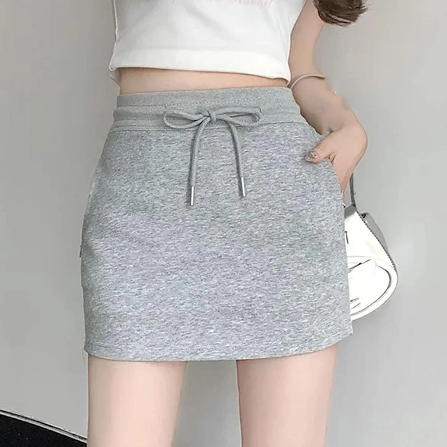 Women Solid High-Waisted Slimming Petite Half-Length Skirt Women A- Line Drawstring Low Waist Pleated Short Skirt