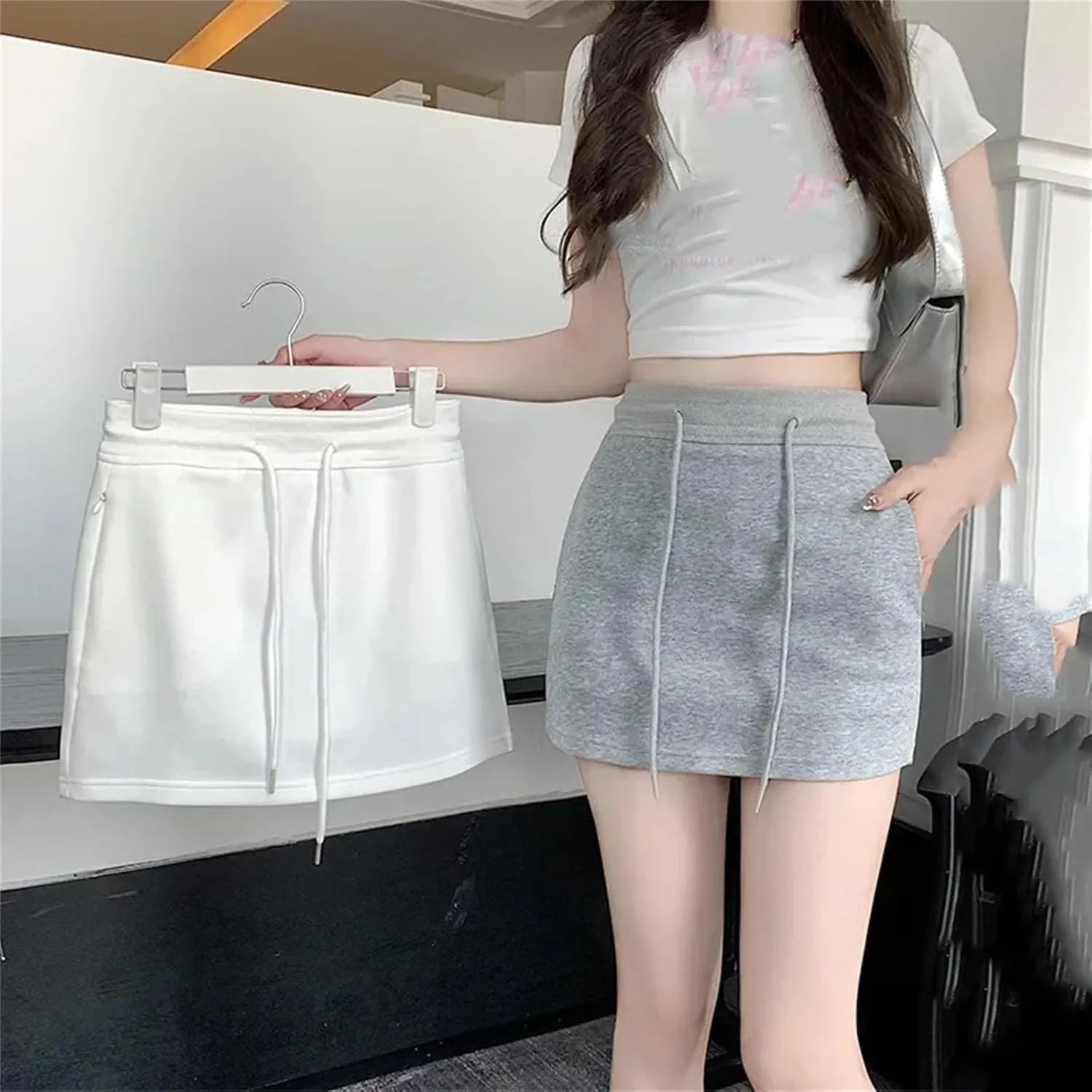 Women Solid High-Waisted Slimming Petite Half-Length Skirt Women A- Line Drawstring Low Waist Pleated Short Skirt