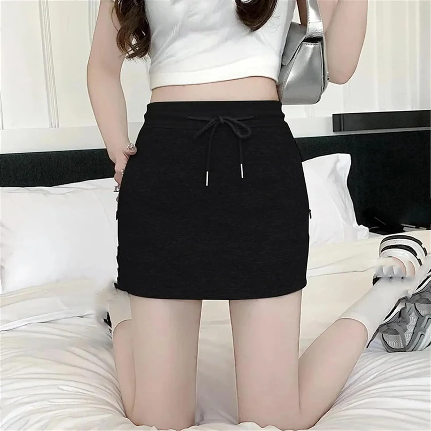 Women Solid High-Waisted Slimming Petite Half-Length Skirt Women A- Line Drawstring Low Waist Pleated Short Skirt
