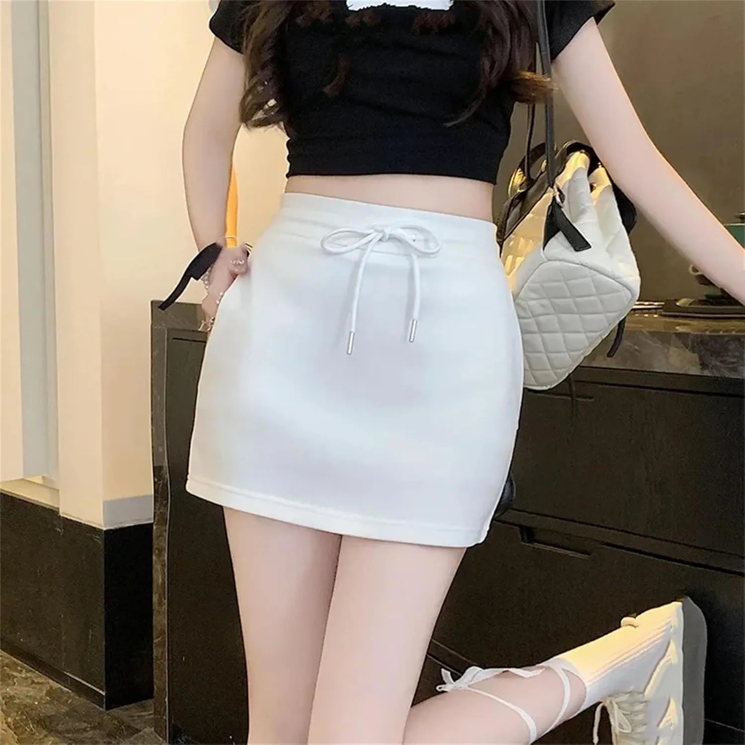 Women Solid High-Waisted Slimming Petite Half-Length Skirt Women A- Line Drawstring Low Waist Pleated Short Skirt