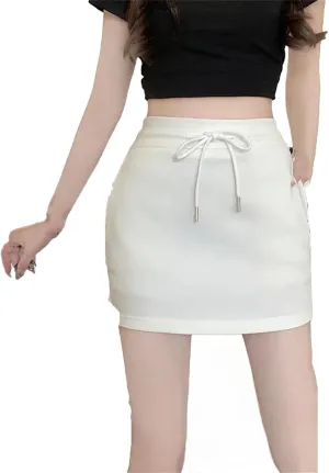 Women Solid High-Waisted Slimming Petite Half-Length Skirt Women A- Line Drawstring Low Waist Pleated Short Skirt