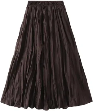Women Spring Summer Casual High Waist A-Line Long Skirts Solid Color Pleated Midi Skirt