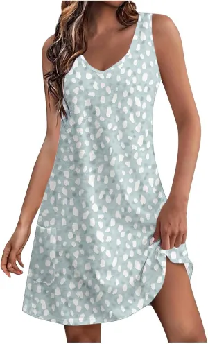 Women Summer Boho Tank Dress Sleeveless Beach Cover Up with Pockets Casual V Neck Dresses Holiday Sundress Outfits