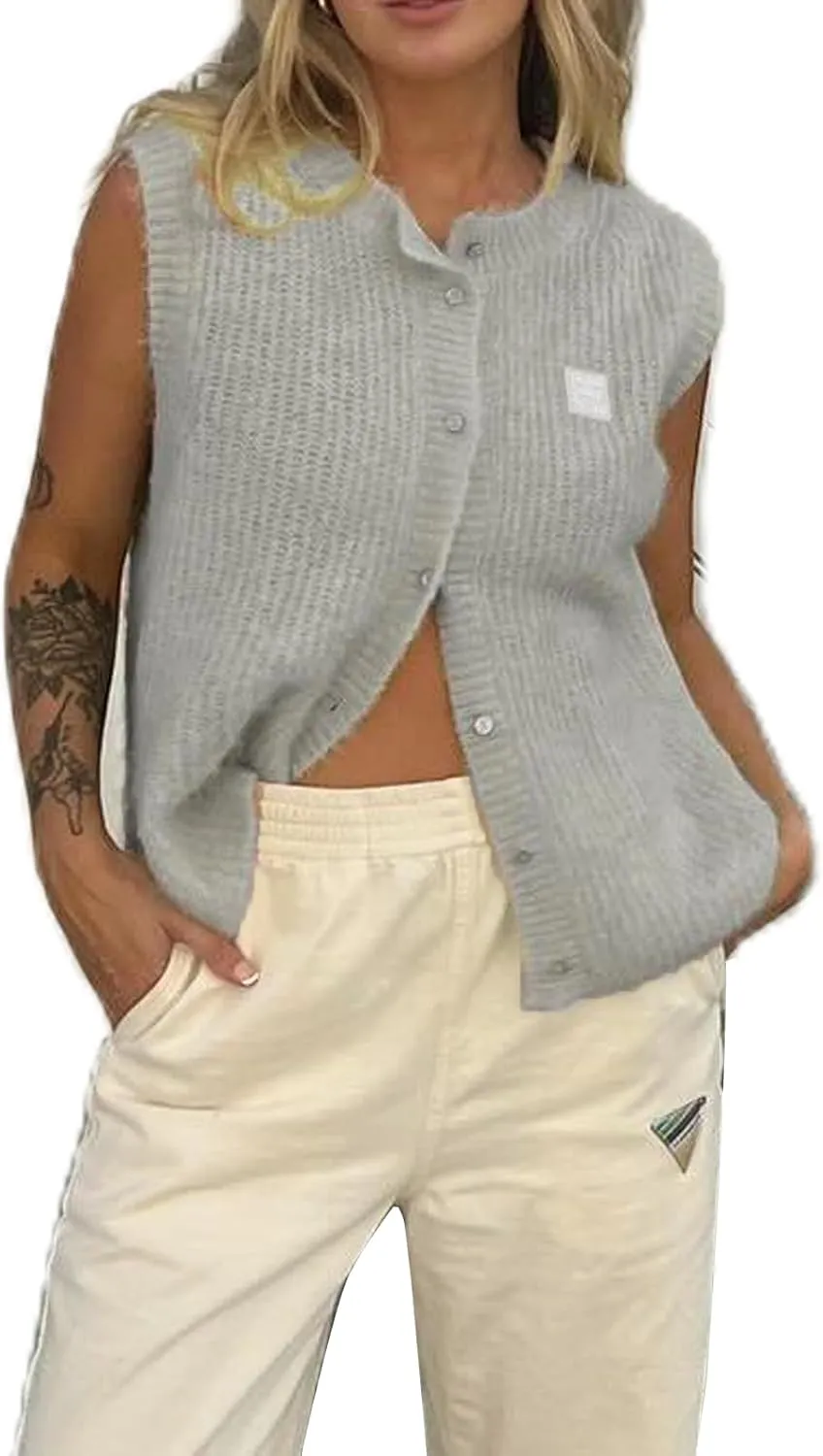 Women Y2k Knitted Sweater Vest Sleeveelss Button Down Round Neck Ribbed Knit Tank Top Cardigan Vest Streetwear