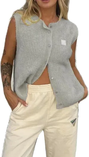 Women Y2k Knitted Sweater Vest Sleeveelss Button Down Round Neck Ribbed Knit Tank Top Cardigan Vest Streetwear