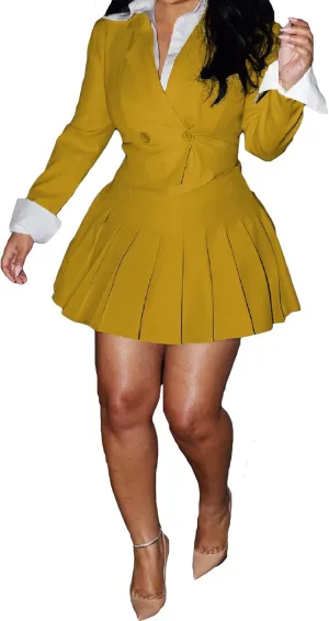 Womens 2 Piece Outfits Business Casual Cropped Blazer Jacket and High Waist Pleated Mini Skirt Sets